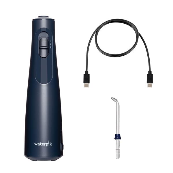 Blue Cordless 1000 handheld water flosser with charging cable and a Precision Handheld Cordless tip.