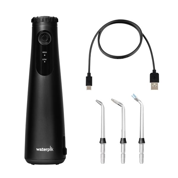 Black Cordless Plus 5000 handheld water flosser with charging cable, 1 Precision Handheld Cordless tip, 1 Orthodontic tip, and 1 Plaque Seeker tip.