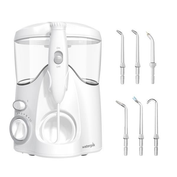 White Ultra countertop water flosser with 2 Precision tips, 1 Pik Pocket tip, 1 Orthodontic tip, 1 Plaque Seeker tip, and 1 Implant Denture tip.