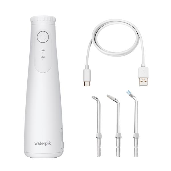 Hydropulseur portatif sans fil Plus 5000 blanc avec câble de recharge, 1 embout de précision pour appareil portatif sans fil, 1 embout orthodontique et 1 embout Plaque Seeker.