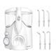 Hydropulseur de comptoir Ultra 6000 blanc avec 2 embouts de précision, 1 embout Pik Pocket, 1 embout orthodontique, 1 embout Plaque Seeker et 1 embout pour prothèse dentaire.