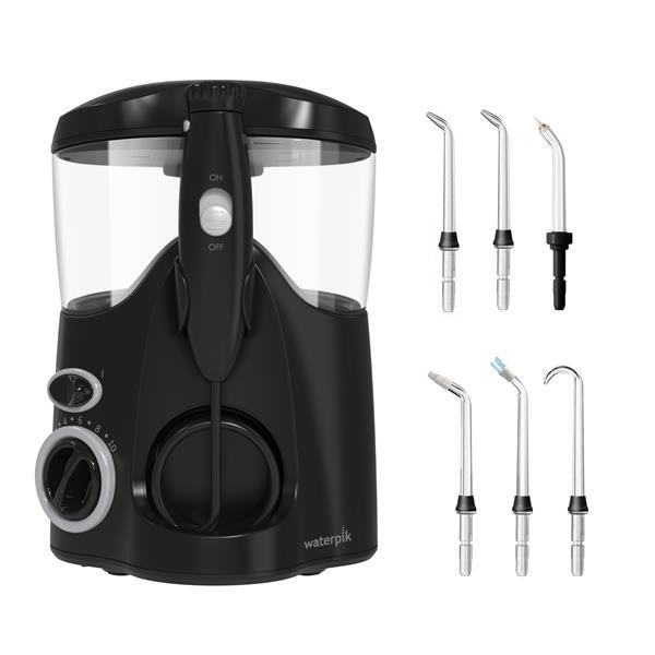 Hydropulseur de comptoir Ultra 6000 noir avec 2 embouts de précision, 1 embout Pik Pocket, 1 embout orthodontique, 1 embout Plaque Seeker et 1 embout pour prothèse dentaire.